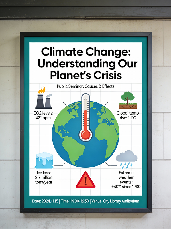 Animal / Creature AI image prompt preview: An informative and engaging poster for a public seminar on climate change