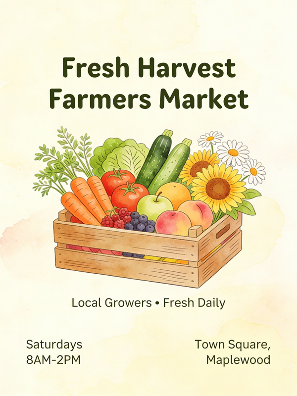 Illustration AI image prompt preview: A charming and rustic poster for a local farmers market