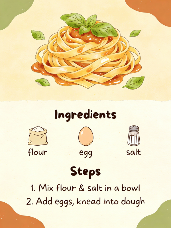Illustration AI image prompt preview: A beautifully illustrated recipe card for making homemade pasta