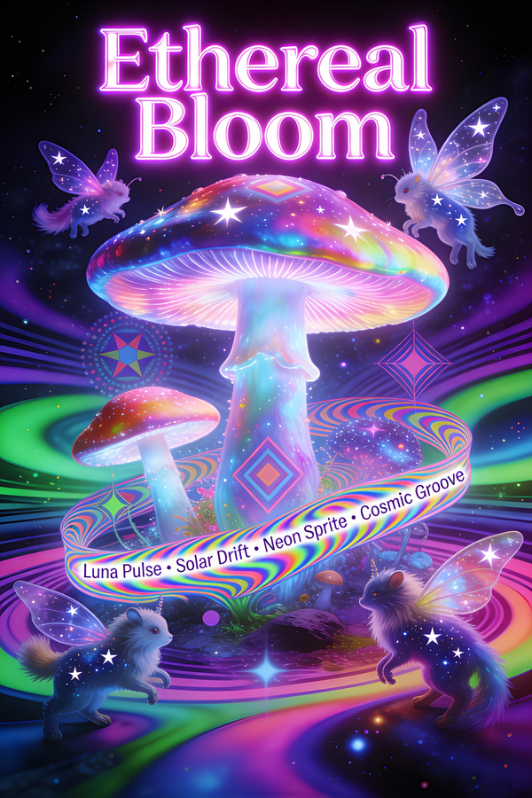 Animal / Creature AI image prompt preview: A vibrant, psychedelic poster for a summer music festival called “Ethereal Bloom”
