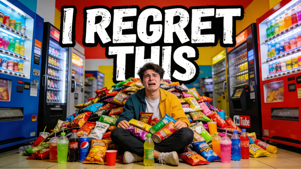 Food / Drink AI image prompt preview: A thumbnail for an “Eating Only Vending Machine Food for 24 Hours” challenge