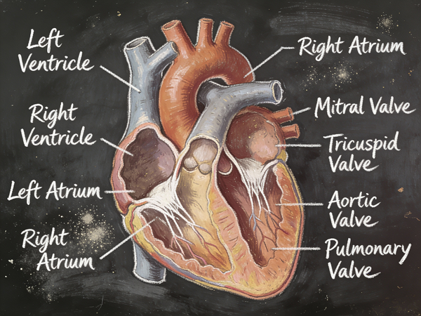 Illustration AI image prompt preview: A detailed, vintage-style chalkboard illustration explaining the anatomy of the human heart