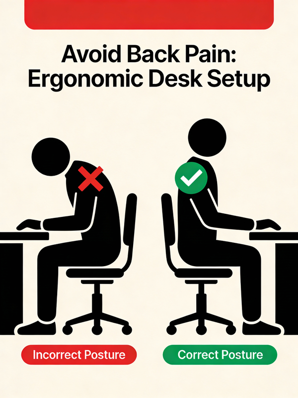 Vehicle AI image prompt preview: A visual safety guide for a workplace, illustrating the correct posture for sitting at a desk to avoid back
