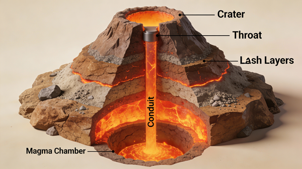 Illustration AI image prompt preview: A 3D cutaway diagram of a volcano, showing its internal structure