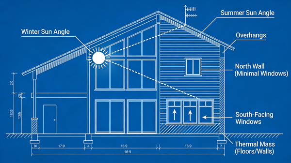 Illustration AI image prompt preview: A section of a blueprint-style drawing explaining the concept of passive solar design in a house